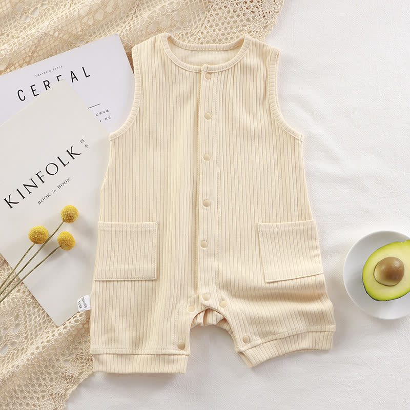 Baby Solid Color Ribbed Sleeveless Pocket Romper - Beige - 18-24M - image 3