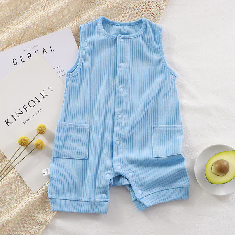 Baby Solid Color Ribbed Sleeveless Pocket Romper - Blue - 18-24M - image 5