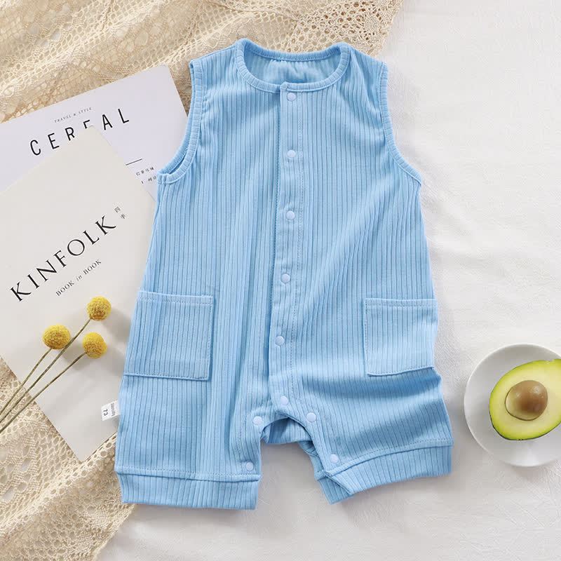 Baby Solid Color Ribbed Sleeveless Pocket Romper - Blue - 18-24M - image 5