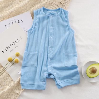 Baby Solid Color Ribbed Sleeveless Pocket Romper - Blue - 18-24M - image 5