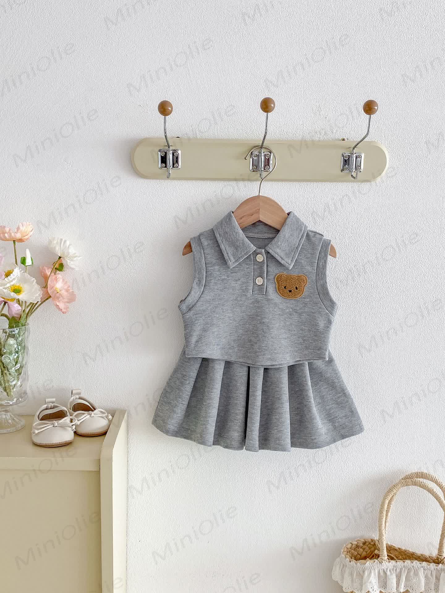 Baby Toddler Girl Polo Collar Sleeveless Top and Skirt Set - Grey - 3-4T - image 2