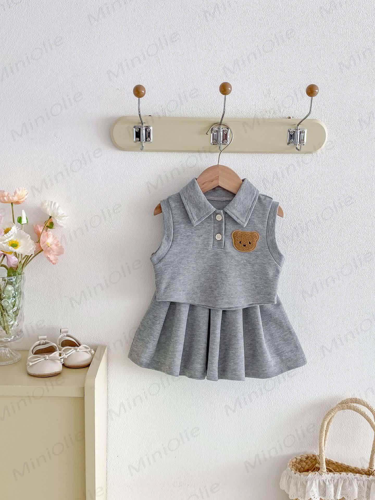 Baby Toddler Girl Polo Collar Sleeveless Top and Skirt Set - Grey - 3-4T - image 2
