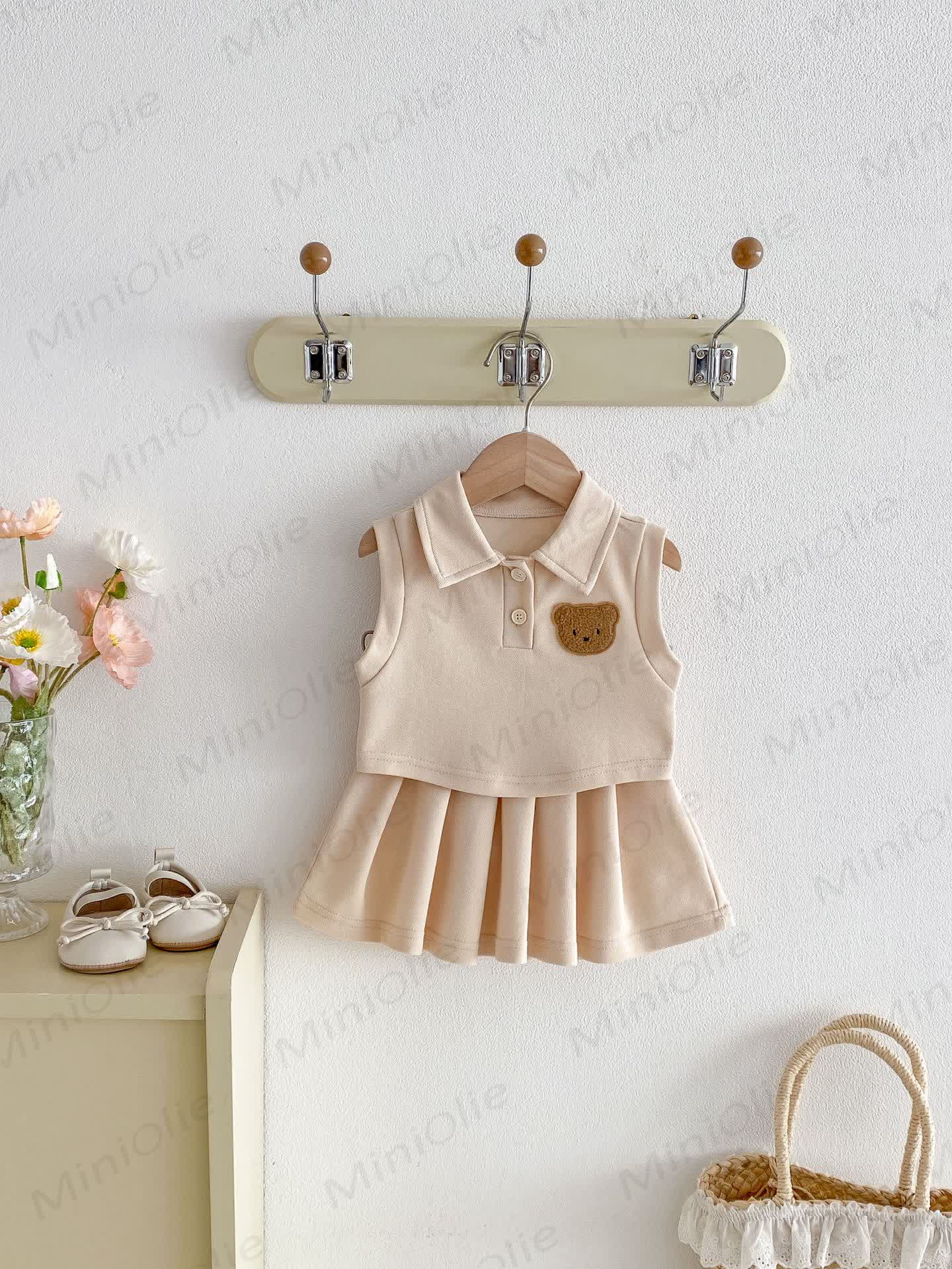 Baby Toddler Girl Polo Collar Sleeveless Top and Skirt Set - Beige - 3-4T - image 3