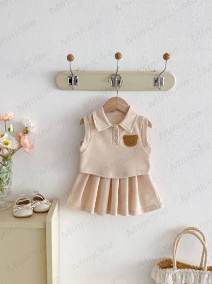 Baby Toddler Girl Polo Collar Sleeveless Top and Skirt Set - Beige - 3-4T - image 3