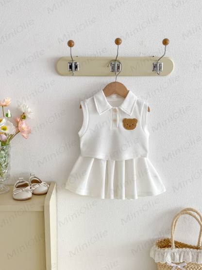 Baby Toddler Girl Polo Collar Sleeveless Top and Skirt Set - White - 3-4T - image 4