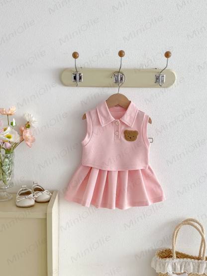 Baby Toddler Girl Polo Collar Sleeveless Top and Skirt Set - Pink - 3-4T - image 5