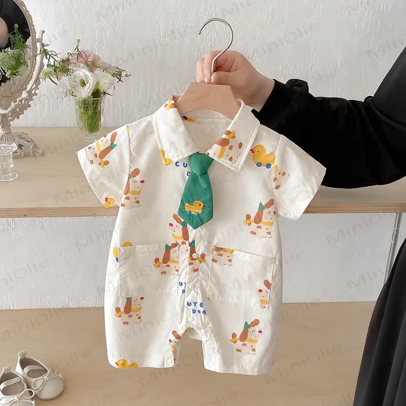 Baby Boys Tie Collar Dog Printed Romper - Beige - 18-24M - image 1