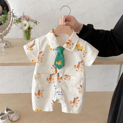 Baby Boys Tie Collar Dog Printed Romper - Beige - 18-24M - image 1