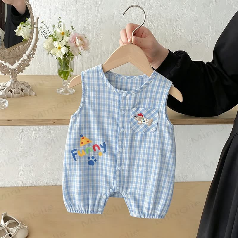Baby Dog Print Gingham Sleeveless Romper - Blue - 18-24M - image 1
