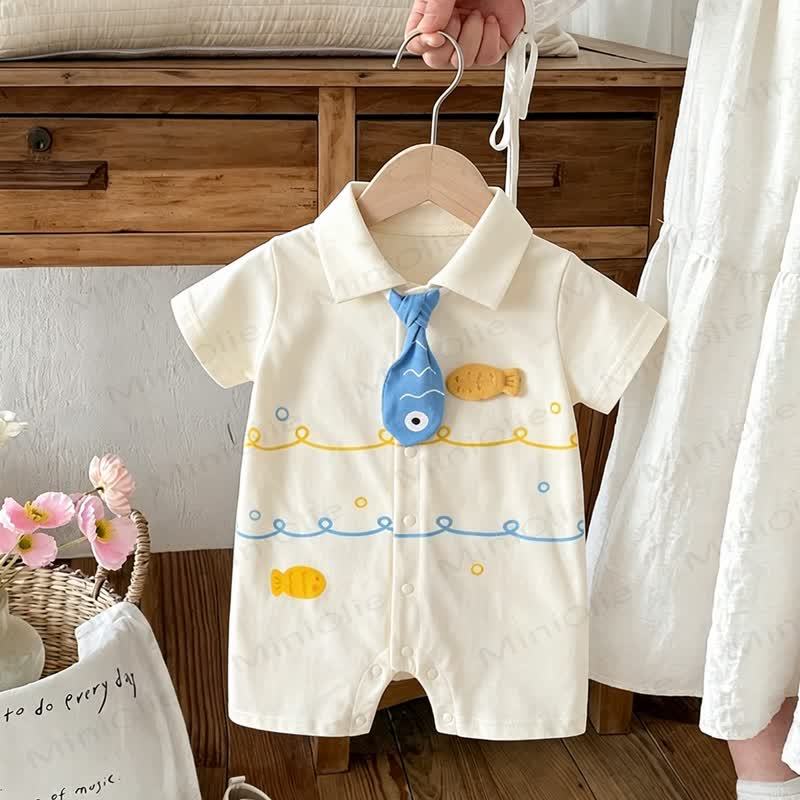 Baby Beige Fish Print Short Sleeves Romper - Beige - 18-24M - image 1