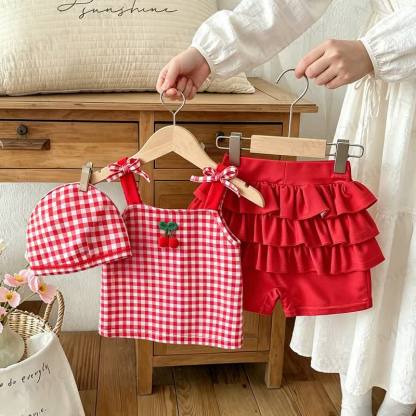 Baby Girls Cherry Print Gingham Ruffle Swimwear 3-Piece Set - Red - 4-5T - image 1