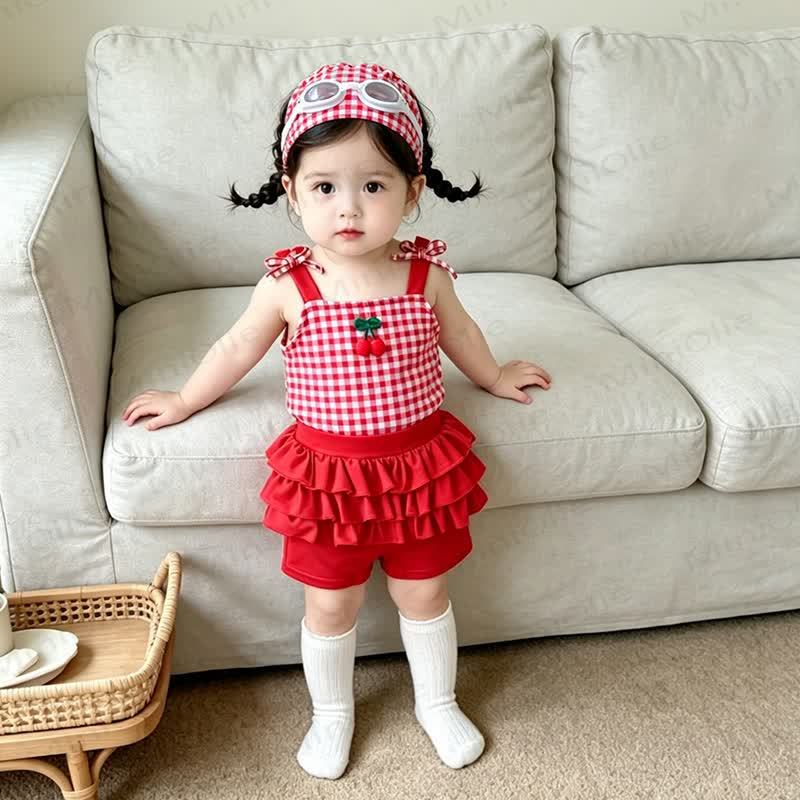 Baby Girls Cherry Print Gingham Ruffle Swimwear 3-Piece Set - image 2