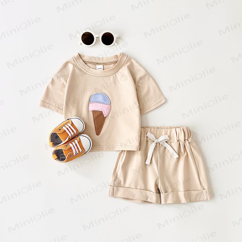 Baby Ice Cream Applique T-Shirt and Solid Color Shorts 2-Piece Set - Brown - 2-3T - image 2