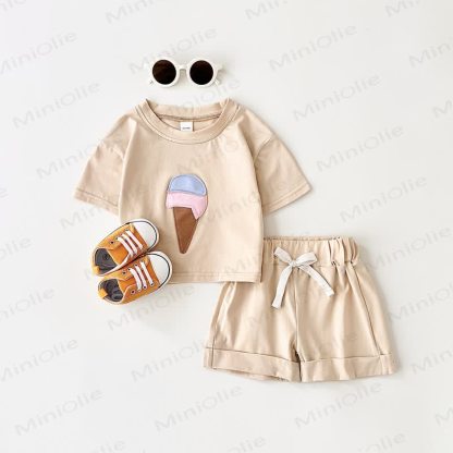 Baby Ice Cream Applique T-Shirt and Solid Color Shorts 2-Piece Set - Brown - 2-3T - image 2