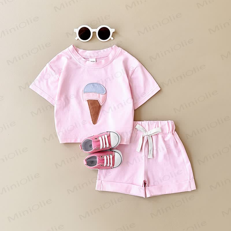 Baby Ice Cream Applique T-Shirt and Solid Color Shorts 2-Piece Set - Pink - 2-3T - image 4