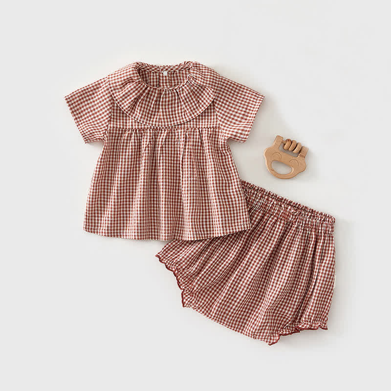 Baby Girl Gingham Ruffle Collar Tee and Short 2-piece Set with Hat - Brown - 2-3T - image 2