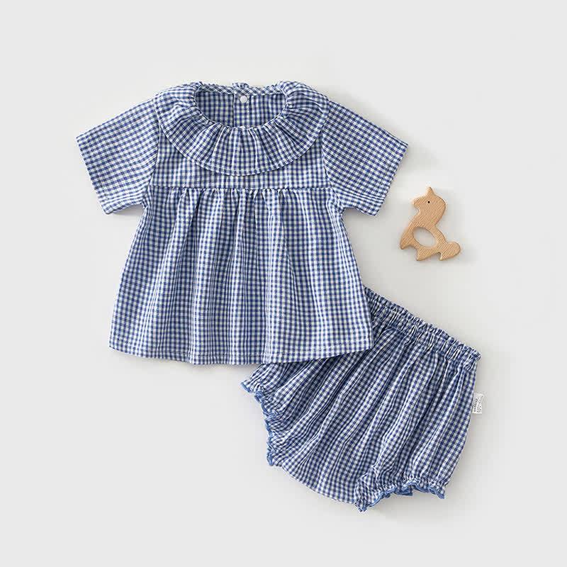 Baby Girl Gingham Ruffle Collar Tee and Short 2-piece Set with Hat - Blue - 2-3T - image 3