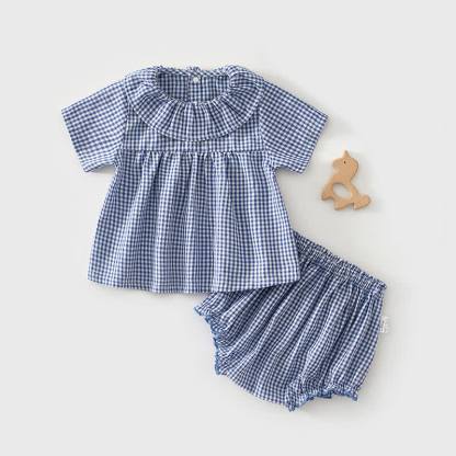 Baby Girl Gingham Ruffle Collar Tee and Short 2-piece Set with Hat - Blue - 2-3T - image 3