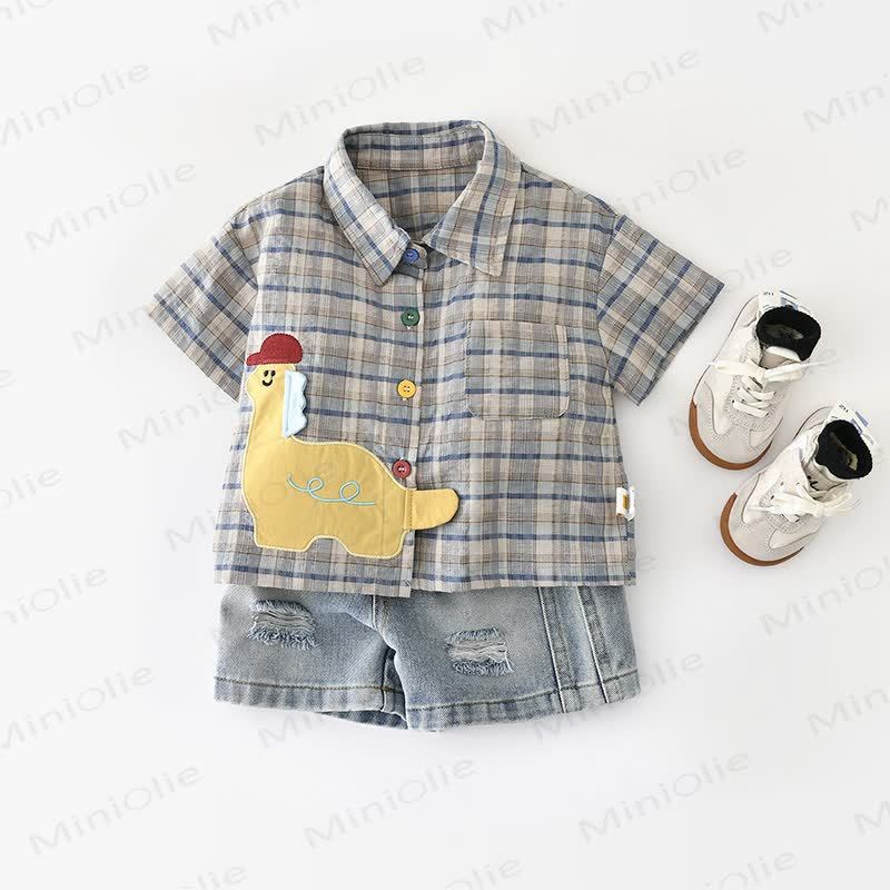Toddler Boys Dino Patch Plaid Shirt or Denim Shorts - image 1