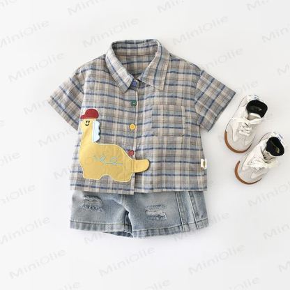 Toddler Boys Dino Patch Plaid Shirt or Denim Shorts - image 1
