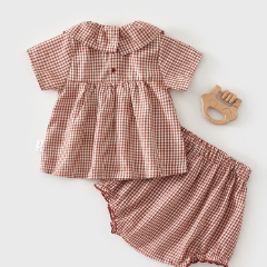 Baby Girl Gingham Ruffle Collar Tee and Short 2-piece Set with Hat - image 4