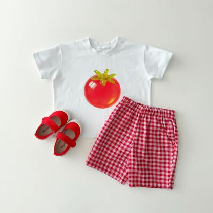Toddler Kid Fruit Print T-Shirt and Gingham Shorts 2-Piece Set - Red - 10-11T - image 2