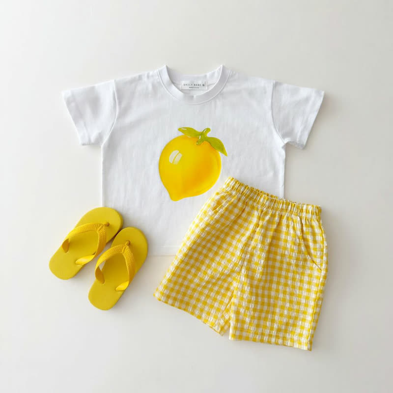 Toddler Kid Fruit Print T-Shirt and Gingham Shorts 2-Piece Set - Yellow - 10-11T - image 3