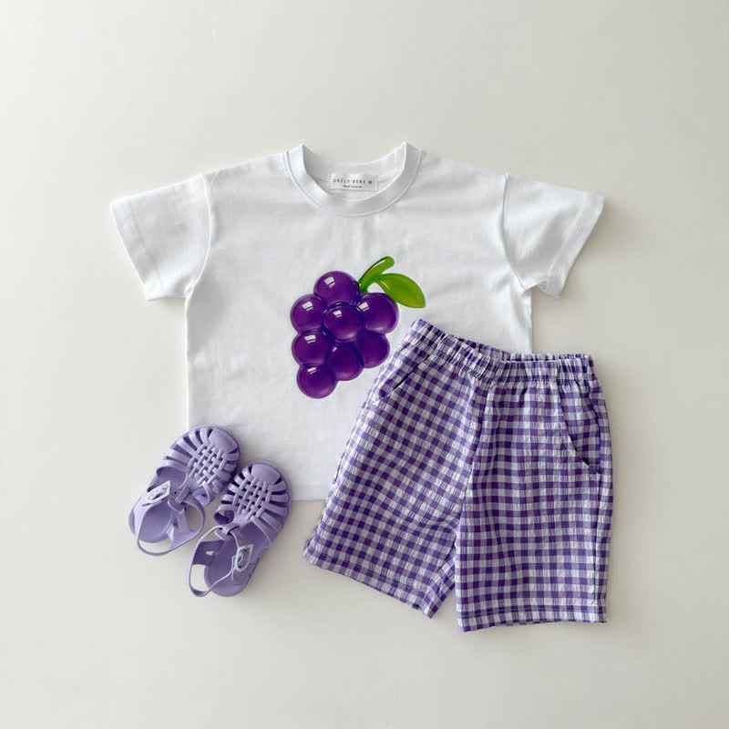 Toddler Kid Fruit Print T-Shirt and Gingham Shorts 2-Piece Set - Purple - 10-11T - image 4