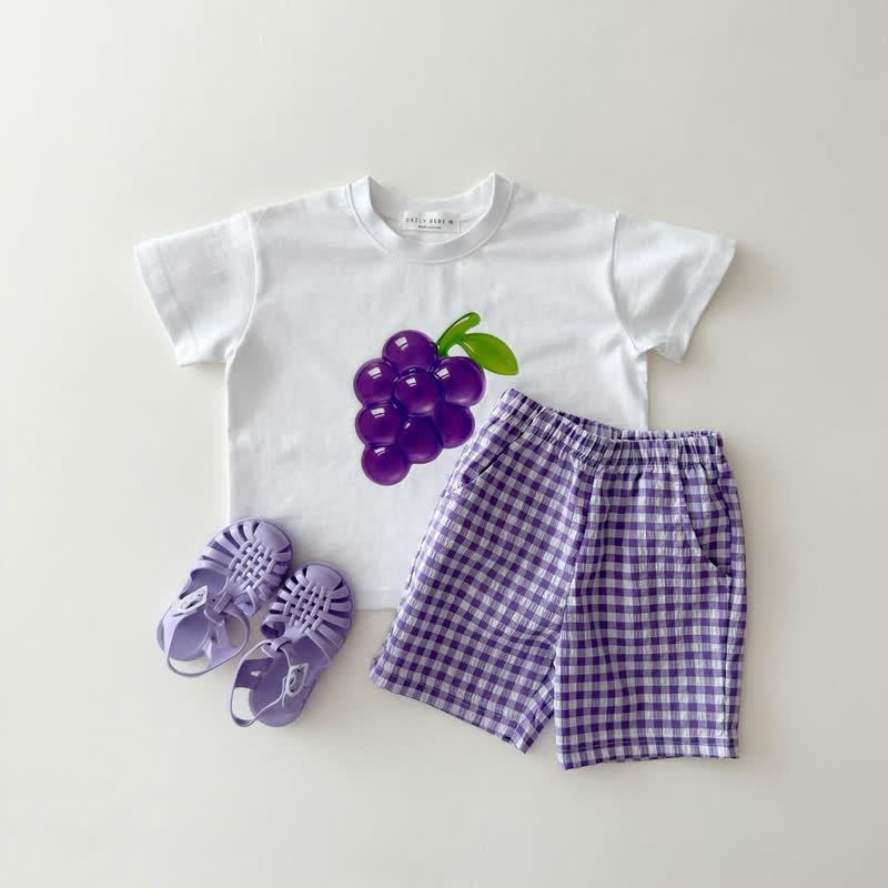 Toddler Kid Fruit Print T-Shirt and Gingham Shorts 2-Piece Set - Purple - 10-11T - image 4