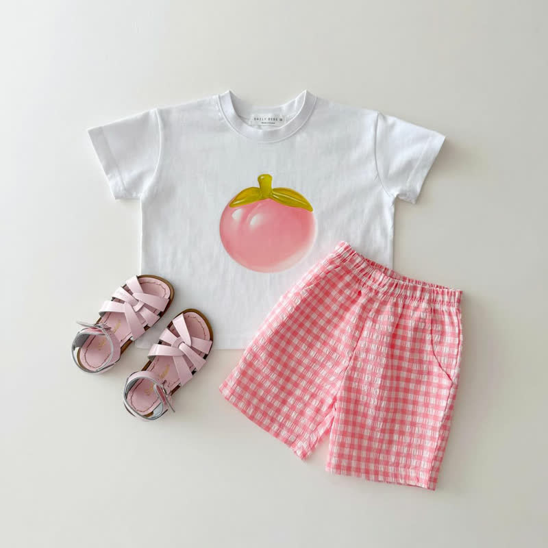 Toddler Kid Fruit Print T-Shirt and Gingham Shorts 2-Piece Set - Pink - 10-11T - image 5