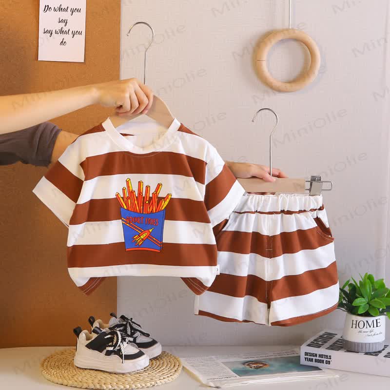 Toddler Boys Stripe Fries Print Tee and Shorts 2-Piece Set - Brown - 4-5T - image 2