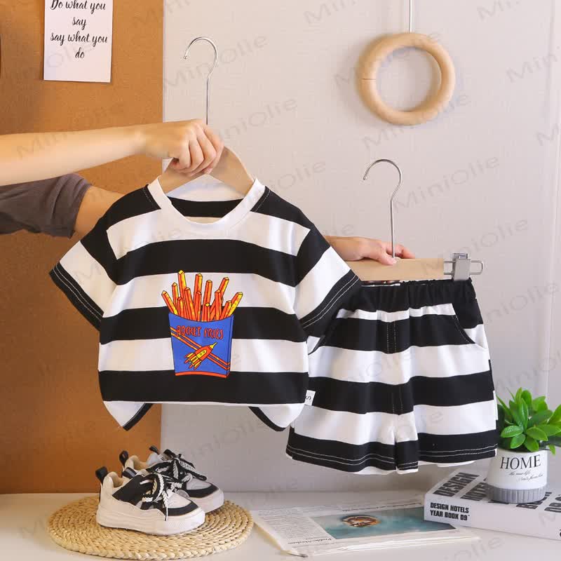 Toddler Boys Stripe Fries Print Tee and Shorts 2-Piece Set - Black - 4-5T - image 3