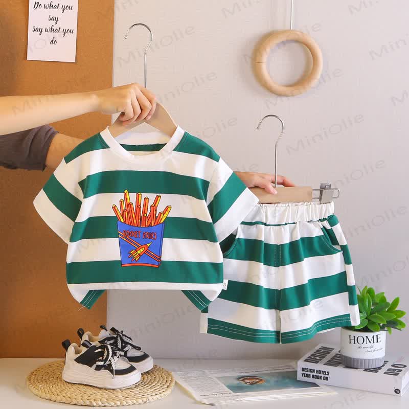 Toddler Boys Stripe Fries Print Tee and Shorts 2-Piece Set - Green - 4-5T - image 4