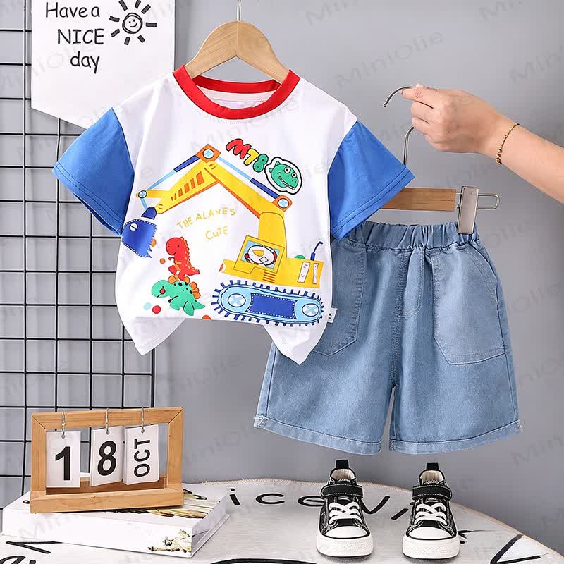 Toddler Boys Excavator Print Tee and Shorts 2-Piece Set - Blue - 4-5T - image 1