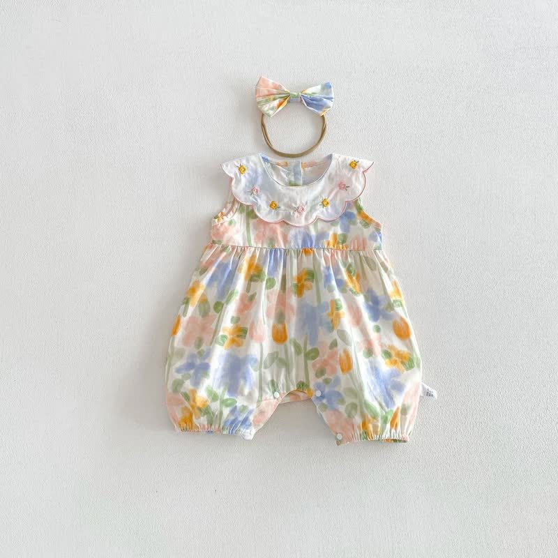 Baby Girls Floral Peter Pan Collar Sleeveless Romper - White - 18-24M - image 2
