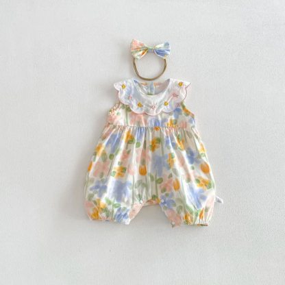 Baby Girls Floral Peter Pan Collar Sleeveless Romper - White - 18-24M - image 2