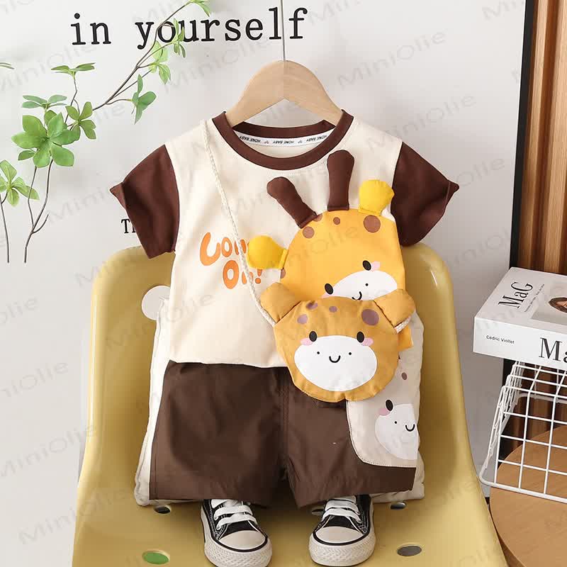 Toddler Boys Animal Collection Tee and Shorts Set with Plush Bear Bag - Coffee - 4-5T - image 3