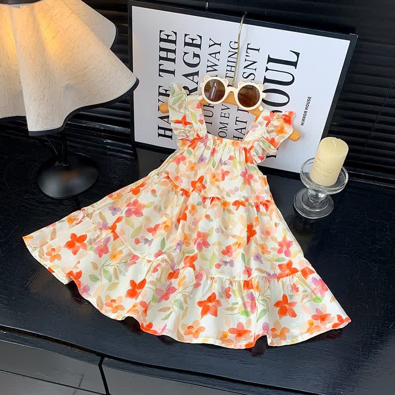 Toddler Girl Ruffle Flutter Sleeve Dress - Orange Flower - 10-11T - image 15