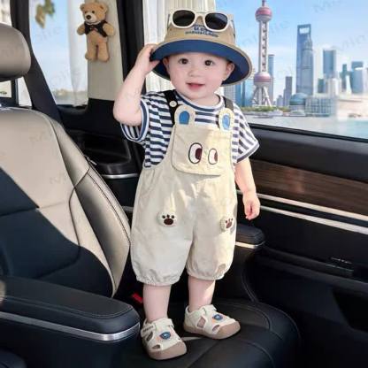 Baby Boys Bear Collection Overalls and Striped Tee 2-Piece Shorts Set - Beige - 2-3T - image 1