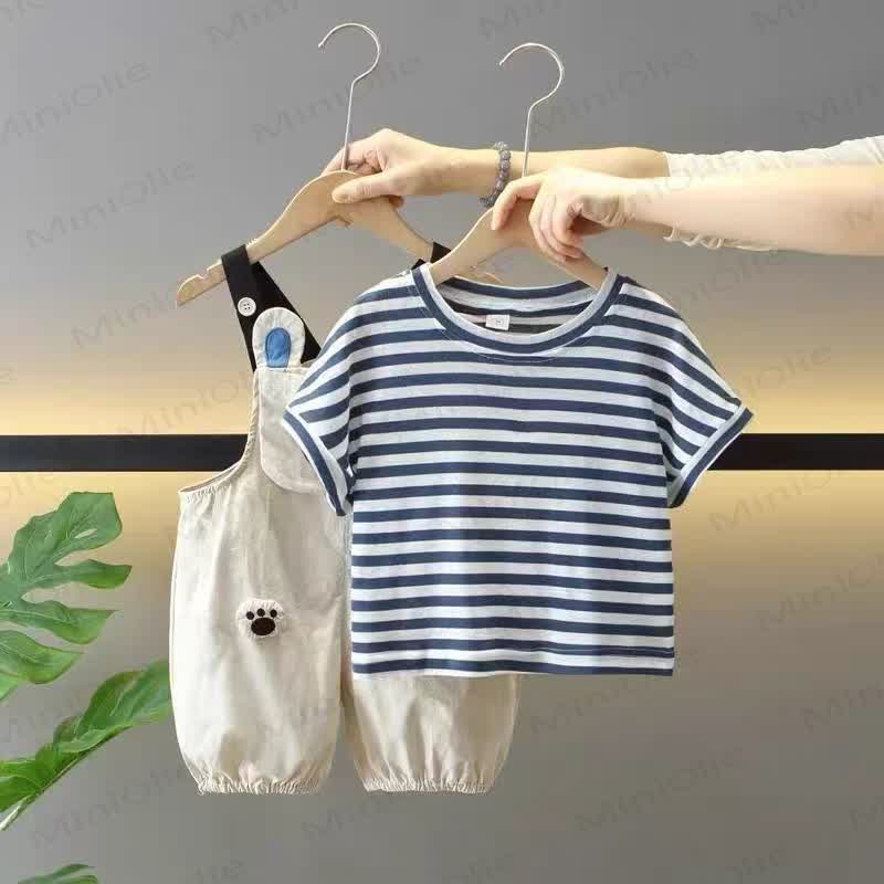 Baby Boys Bear Collection Overalls and Striped Tee 2-Piece Shorts Set - image 2
