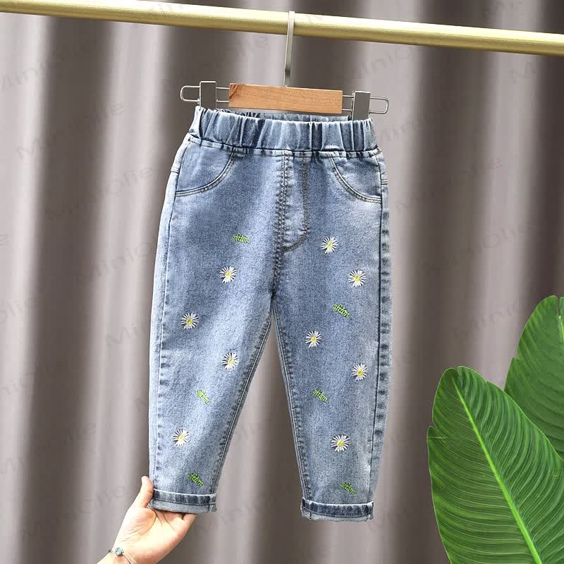Baby Girls Embroidered Denim Jogger Pants - Blue Daisy - 4-5T - image 3