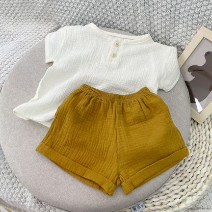Baby Toddler Boys Solid Color Cotton Gauze Button Top and Shorts 2-Piece Set - White - 4-5T - image 1