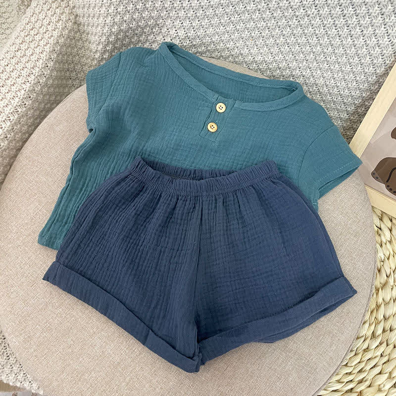 Baby Toddler Boys Solid Color Cotton Gauze Button Top and Shorts 2-Piece Set - Blue - 4-5T - image 2