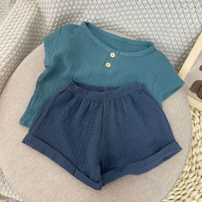 Baby Toddler Boys Solid Color Cotton Gauze Button Top and Shorts 2-Piece Set - Blue - 4-5T - image 2