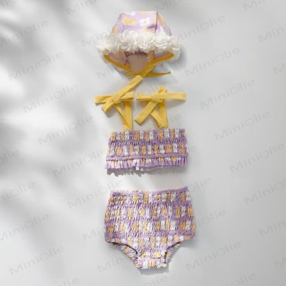 Baby Girls Floral Print One-piece or Smocked Two-piece Swimsuit with Swim Cap - Purple Two-piece - 2-3T - image 5