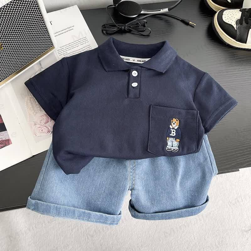 Toddler Boys Bear Pocket Polo Shirt and Denim Shorts 2-Piece Set - Navy - 4-5T - image 2