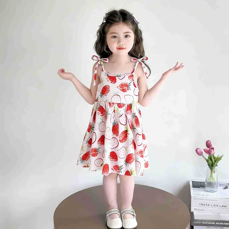 Toddler Girl Full Print Tie Strap Dress - White Strawberry - 10-11T - image 3