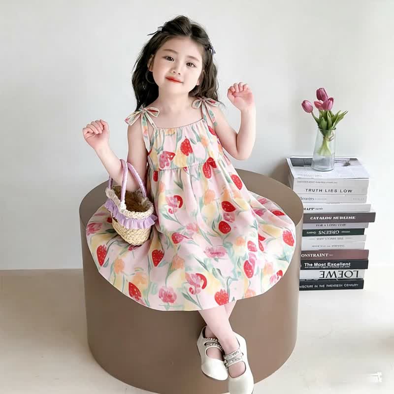 Toddler Girl Full Print Tie Strap Dress - Red Floral - 10-11T - image 4