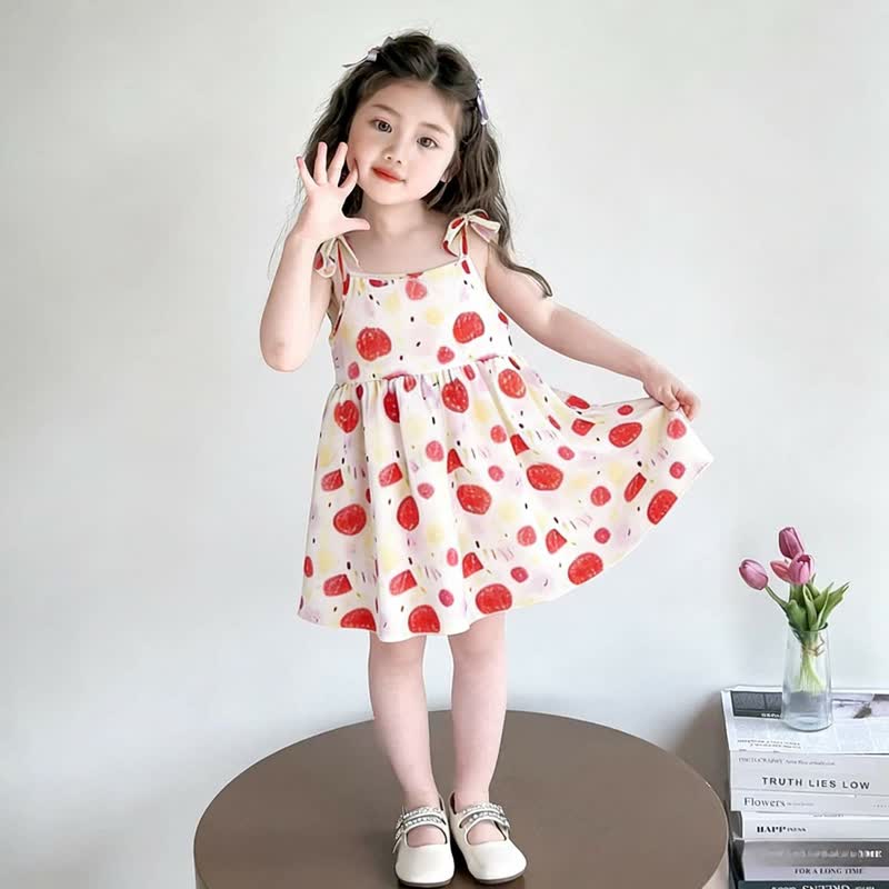 Toddler Girl Full Print Tie Strap Dress - Red Dot - 10-11T - image 5