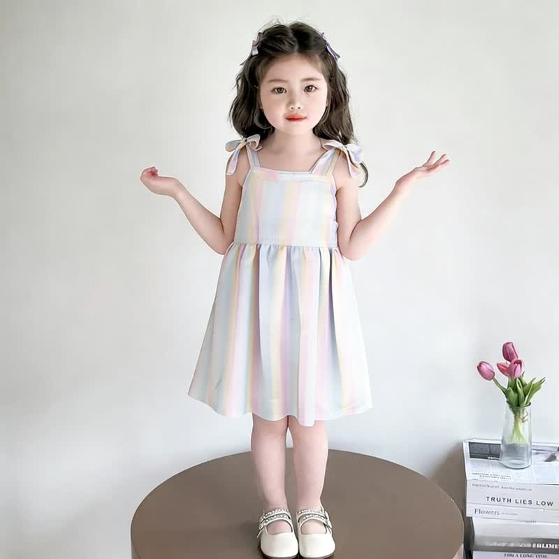 Toddler Girl Full Print Tie Strap Dress - Colorful Stripe - 10-11T - image 6
